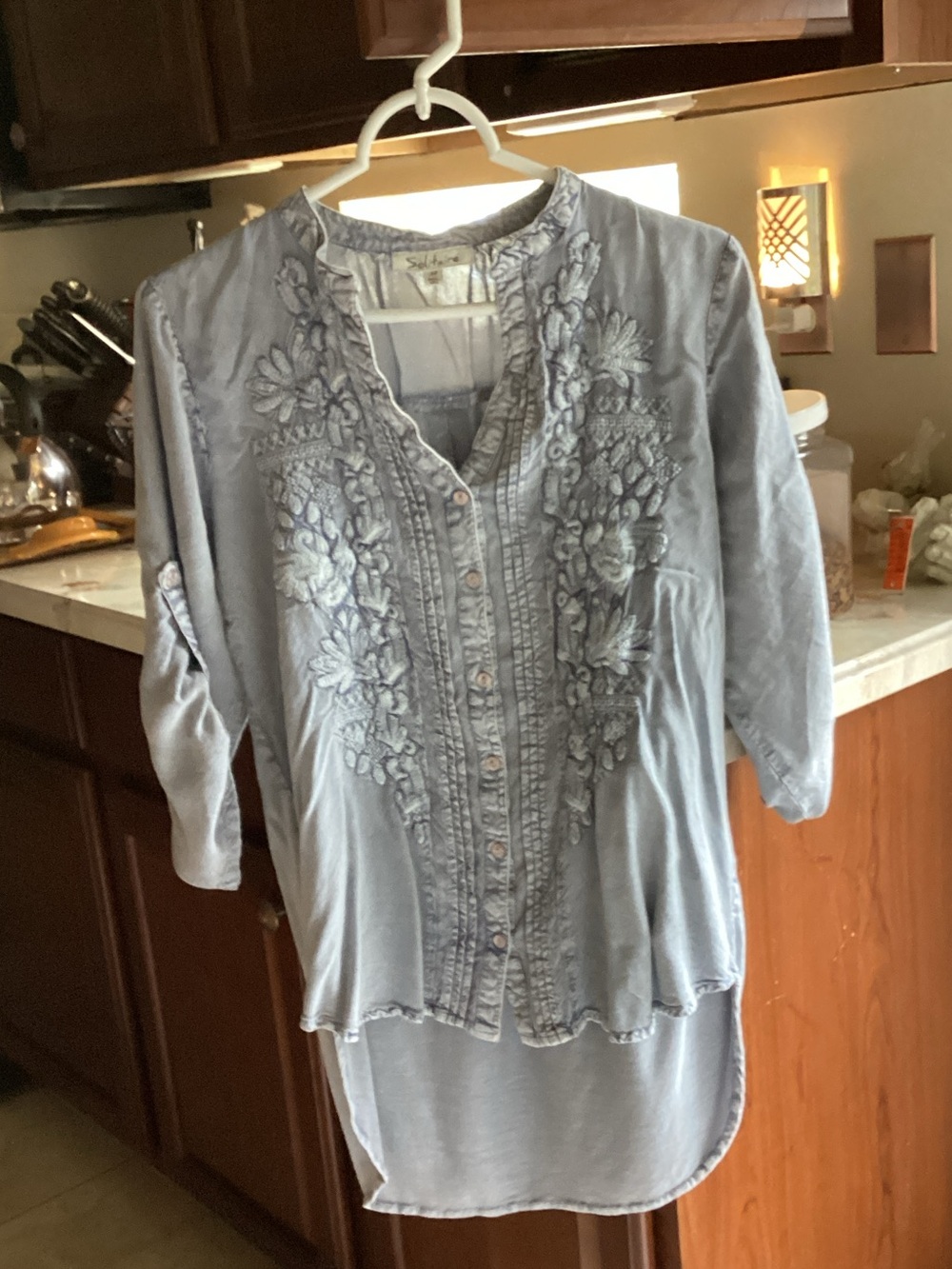 Solitaire Light Blue Embroidered Button-Down Tunic